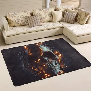 Mnsruu Teppich, 91 x 61 cm, Totenkopf, leuchtendes Feuer, Polyester und Memory-Schwamm-Baumwolle, rutschfest, langlebig, Wohnzimmerdekoration, Bodenmatte, Schlafzimmer