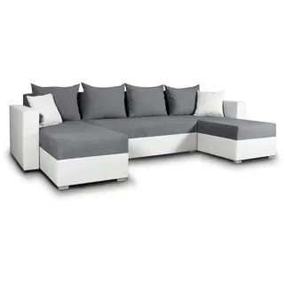 Wohnlandschaft mit Schlaffunktion Beno - U-Form Couch, Ecksofa mit Bettkasten, Couchgranitur mit Bettfunktion, Polsterecke, Big Sofa, Polstergarnitur (Weiß + Dunkelgrau (Cayenne 1111 + Enjoy 23))