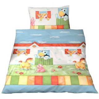 JACK Babybettwäsche 100x135cm Hoftiere Bauernhof Bunt mit RV, Biber, 2 teilig, süßes Kindermotiv mit Bauernhoftieren bunt