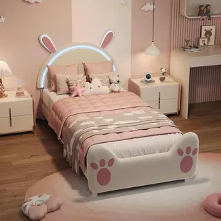 UnboxG Kinderbett 90x200 cm mit Kaninchen-Motiv, LED-Leseleuchte am Kopfteil, Gepolstertes Cartoon Softbett für Kinderzimmer