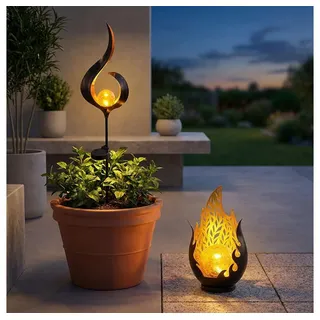 GLOBO LIGHTING LED Solarleuchte, LED-Leuchtmittel fest verbaut, Warmweiß, Solarlampe Außenlampe Gartendeko Flammen Design Erdspieß LED 2er Set