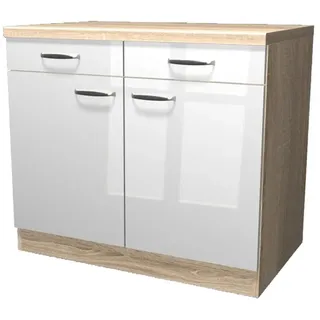 Flex-Well Küchenunterschrank Valencia 100 cm mit Arbeitsplatte – Hochglanz Weiß & Sonoma Eiche – Küchenschrank mit 2 Schubladen und 2 Türen