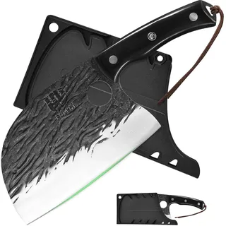 FULLHI Metzgermesser, Voll Tang serbischen Kochmesser hohen Kohlenstoffstahl Fleischbeil geschmiedet Küchenmesser für Outdoor, Camping, Geburtstag Geschenk (Schwarz, Serbisches Kochmesser)