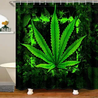 Marihuana Weed Leaf Badevorhang 180x210 (BxL),Cannabisblätter Duschvorhang Für Kinder Erwachsene,Exotische Trippy Blätter Vorhang-Sets,Grün Botanischer Badezimmervorhang Badezimmerdekor Schwarz