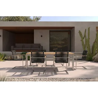 OUTFLEXX Garten-Essgruppe, silber/schwarz, Edelstahl/Teak, Ausziehtisch 200-300 x 100 cm, 6 Freischwinger, FSC®-zertifiziertes Produkt