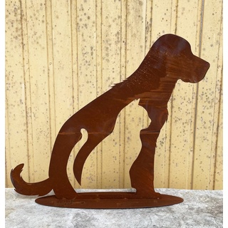 Gartenfigur sitzender Hund mit Katze 50x58cm auf Platte Silhouette Edelrost Gartendeko Rost Metall Rostfigur Tier Gartendekoration von Steinfigurenwelt (Hund)