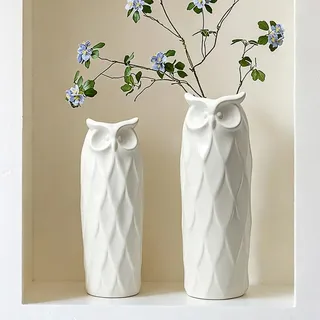 LIZOFER Keramikvasen im 2er-Set, Eulen-Motiv, für Wohnzimmer, Schlafzimmer, 24 cm und 21 cm, modern, Weiß, für Kunstblumen, Heimdekoration, Büro, Tisch, Regal, Kamin, rustikaler Retro-Bauernhaus-Stil