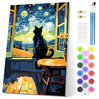 EOBROMD Malen Nach Zahlen Erwachsene Katze, DIY Handgemalt Ölgemälde Kit mit Rahmen Tiere, Paint by Numbers for adult mit 3 Pinseln und Acrylfarbe Knitterfreie Leinwand Kit zur Heimdekoration 20x30cm