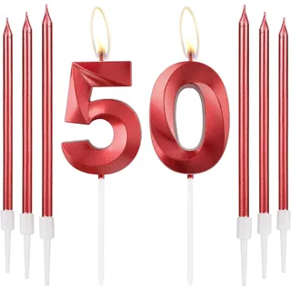 Rote Kerzen zum 50th Geburtstag, rote 3D Zahl 50 Zahlenkerzen, Dekor für Mädchen 50th Geburtstag, rote Kerzen-Kuchenaufsatz für Mädchen Frauen Geburtstag Party, rote lange Kerze,50th Hochzeitstag