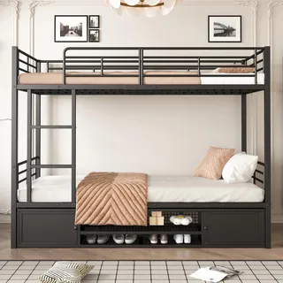 Jaxenor Etagenbett 90x200, Metall, mit Ausziehbett, Schuhschrank, Schwarz | EN747 zertifiziert, mit Sicherheitsgitter, Integriertem Stauraum, für Kinder und Jugendliche, Platzsparend, ohne Matratze