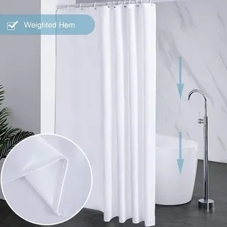Weißer Duschvorhang Überlänge 240 lang x 200 breit ,Badevorhang Anti-Schimmel und Wasserdicht aus Stoff , Waschbar Ringen - Weiß