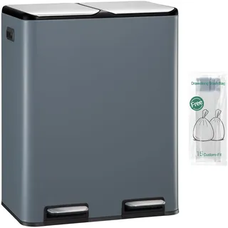 Hzuaneri Mülleimer Küche, 2 x 30 L, Mülltrennsystem 2 Fächer 60 L, Edelstahl-küchenmülleimer, Tretmülleimer, Abfalleimer Ruhiger Langsamer Abstieg, mit 15 Exklusiven Abfallbeuteln, Grau SW06099G