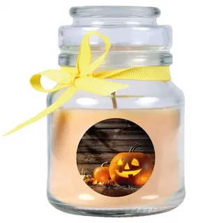HS Candle Duftkerze (Dekokerze, 1-tlg), Halloween - Kerze im Bonbon Glas, Ideale Herbstdeko beige Ø 7 cm x 7 cm x 10 cm x 7 cm