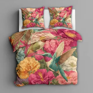 Generisch Kolibri Blumen Bettwäsche 135x200 2tlg, 1 Kissenbezüge 80x80 - Bunt Pfingstrosen Vögel Design Wendebettwäsche, Weiche Mikrofaser Bettbezug mit Reißverschluss, Deko & Geschenke S270