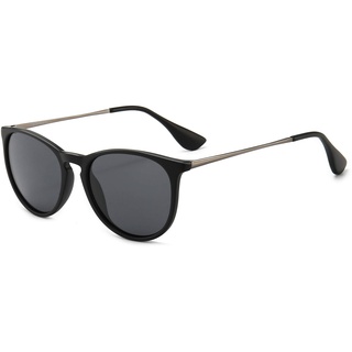 SUNGAIT Vintage Runde Damen Sonnenbrille Klassischer Retro Designer Stil(Schwarzer Rahmen mit mattem Finish/polarisierte graue Linse) SGT567 - 55