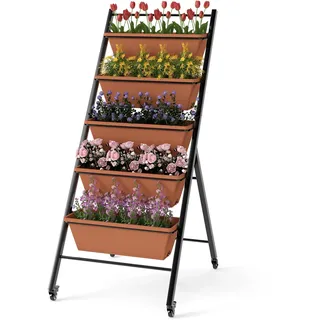 COSTWAY Vertikales Hochbeet 5 Etagen, Vertikalbeet mit Rollen, Blumenbeet mit Pflanzkästen, Blumenkasten Blumentreppe Pflanztreppe, Gemüsebeet Kräuterbeet Garten, 57 x 74 x 132 cm