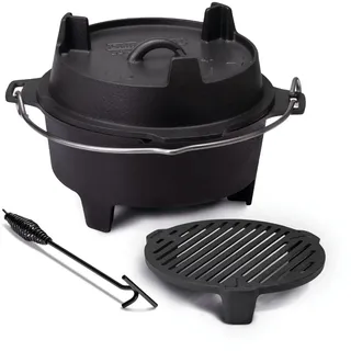 Grillfürst Dutch Oven Set ca. 12 Liter - stabil stehender Feuertopf durch spezielle T-Füße, hitzebeständiger Gusseisen Topf, Deckel als Pfanne nutzbar, DO 12 inkl. Deckelheber und Feuerrost