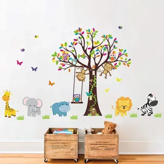 Runtoo Wandtattoo Waldtiere Wandsticker Baum Wandaufkleber Kinderzimmer Babyzimmer