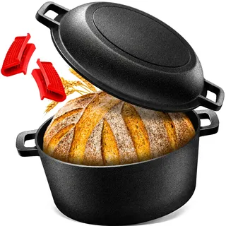 NZQXJXZ Gusseisen Topf Dutch Oven 26cm, Brotbacktopf mit Deckel zum Brotbacken, 2-in-1 Brotbackform & Bratpfanne, 4,7L Gusseisentopf für Sauerteigbrot