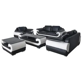 Sofagarnitur + Tisch USB 3+2+1 Sitzer Sofa Couch Garnituren Leder Sofas Polster - Schwarz