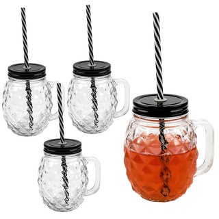 3D Ananas Glas Trinkglas mit Deckel und stabilem Strohhalm 450ml 4er-Set