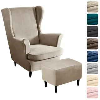 LuxusKollektion Hussen-Set Sesselhusse Ohrensessel Ottomane Stretch Samt Champagne 3 Teilig