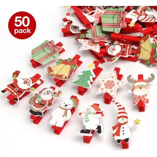 50er Weihnachten Klammern Weihnachtsdeko Holzklammern für Fotos Mini Klammern mit süßen Weihnachten Figuren Wäscheklammern Dekoklammern Holzwä... - Braun