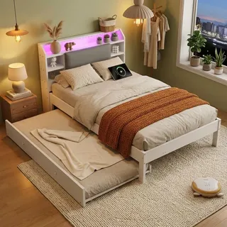 Holzbett 120x200cm mit Ausziehbett 90x190cm, weißes Funktionsbett mit gepolstertem Kopfteil, LED-Lichtleiste und Ladestation für Schlafzimmer