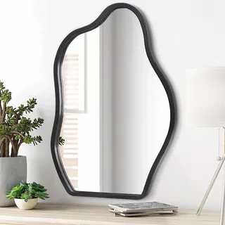 Lzuso Asymmetrischer Wandspiegel mit Holzrahmen Unregelmäßiger moderner hängender Spiegel für Wand für Wohnzimmer Schlafzimmer Badezimmer Eingang Flur Moderner dekorativer künstlerischer Spiegel