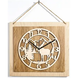 ORNAMENTI Wanduhr Große handgefertigte rustikale aus Holz, Hingucker Wanddeko (quadratisch, ohne Tickgeräusche für Wohnzimmer Küche)