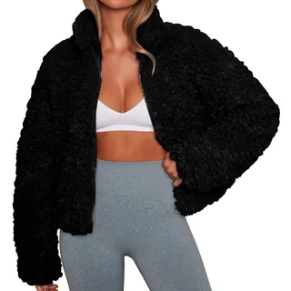 StarTreene Damen flauschiger Kunstfell-Teddymantel mit langen Ärmeln, Reißverschluss, warmer Wintermantel mit Taschen, Schwarz , 6-8 - 32-34