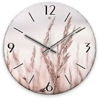 Kreative Feder Wanduhr „Gräser im Wind“ aus Stein (Keramik) in Schiefer-Optik; Durchmesser 30cm; mit leisem Uhrwerk (Gräser im Wind, leises Quarzuhrwerk)