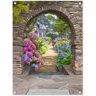 MuchoWow Outdoor-Poster Poster Wanddeko draußen Deko Garten Gartenposter 60x80 cm Blumen - Guck-guck - Hortensie - Sommer