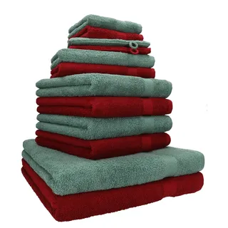 Betz Premium Handtuch-Set 12-teilig – 100% Baumwolle – Oeko-TEX® Zertifiziert – hohe Grammatur – Duschtücher, Handtücher, Gästetücher & Waschhandschuhe Farbe rubinrot/tannengrün