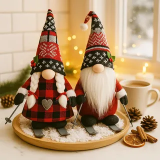 KAMACA 2er Set Deko Wichtel Ski Wichtelpärchen aus Stoff Skandinavischer Charme Dekoidee Winterdekoration Geschenkidee Winter Weihnachten Deko (Wichtel Frau und Mann auf Skiern 30x15x15)