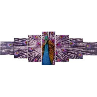 Leinwandbild T375 XL, Wandbild Keilrahmenbild Kunstdruck, 7-teilig 245x87cm ~ Pfau