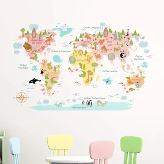 Sticker für Kinder | Wandaufkleber Weltkarte – Wanddekoration Kinderzimmer | 60 x 95 cm