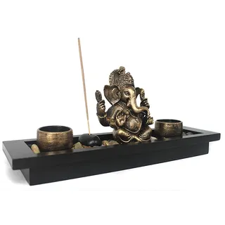 Yudu Dekofigur Zen - Garten mit Ganesha Figur Teelichter Stein mit Rauchstab YH-1418