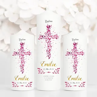 Taufkerze Junge Mädchen Baum Heiliges Kreuz pinke Blätter Kerze zur Taufe mit Namen, Datum und eigenem, vorgegebenem oder keinem Taufspruch, 1 Taufk. + 2 Patenk.