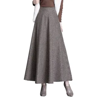 Rock Damen Lang Winterrock Kariert Wollrock A-Linie Elegant Vintage Herbst B Khaki S - S