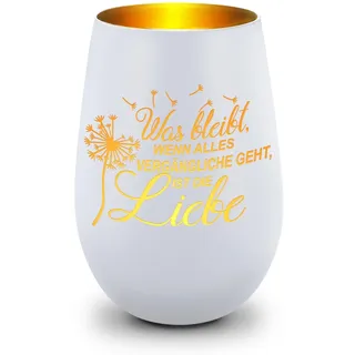 GRAVURZEILE Deko Windlicht aus Glas mit Gravur - was bleibt, wenn Alles Vergängliche geht - Trauerlicht für Teelichter und Kerzen - Grabschmuck zur Beerdigung oder als Andenken - Weiß/Gold