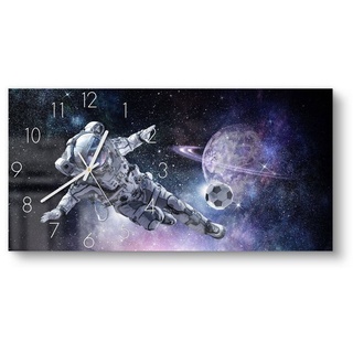 DEQORI Wanduhr 'Kosmonaut kickt Fußball' (Glas Glasuhr modern Wand Uhr Design Küchenuhr) blau|schwarz 60 cm x 30 cm