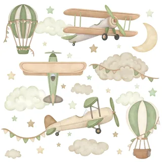 Wally Fox - Wandtattoo Kinderzimmer - Kinderzimmer Deko - Flugzeuge, Luftballons, Sterne, Wolken, grün - XL - 34 Stk