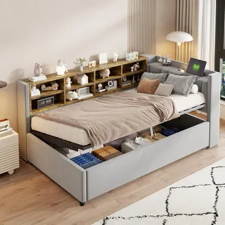 FAVSH Jugendbett 90x200 cm mit hydraulischem Stauraum, Nachtlicht, USB- und Typ-C-Ladeanschluss, Funktionsbett mit Bettkasten, Gästebett aus Samt, Hellgrau, ohne Matratze