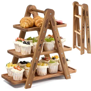 DUJUST Cupcake Ständer Holz für 24 Cupcakes, Tortenständer 3 Etagen mit lebensmittelechter Oberfläche, Akazienholz Etagere 3 Etagen Holz für Lebensmittel und Spielzeug - faltbar