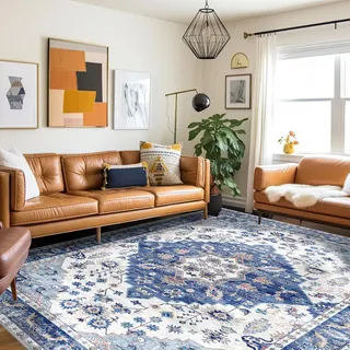 Vamcheer Vintage Teppich Wohnzimmer 200x300 cm, Waschbar und rutschfest, Kurzflor Teppich Weich und Pflegeleicht, Orientalisches Design für Schlafzimmer, Esszimmer, Flur, Küche und Büro, Blau
