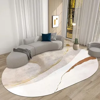 LONGSAO Modern Oval Teppich 160 x 280 cm Groß Wohnzimmer Designer Teppich In-und Outdoor Teppich Kurzer Plüsch Teppiche Modernes, minimalistisches, gelbes, weißes