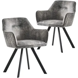 B&D home® Esszimmerstühle Cyrus 2er-Set – Polsterstuhl mit Armlehnen, Wildleder Optik Grau, stabiles Metallgestell schwarz, moderner Industrial-Look für Küche, Esszimmer & Wohnzimmer