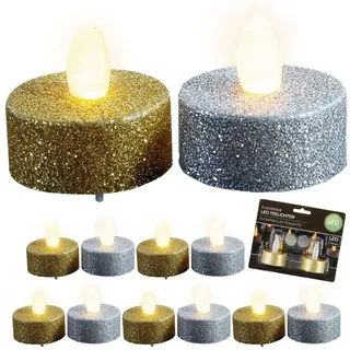 CEPEWA LED Dekolicht LED Teelicht Glitter 12er Set flackernd Ø4xH2cm PP gold silber Kerze