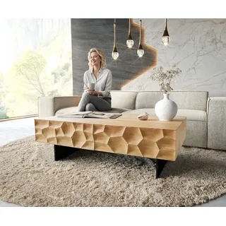 DELIFE Couchtisch Solu, Eiche Natur 120x70 cm 4 Schübe Fuß schwebend Metall Schwarz beige